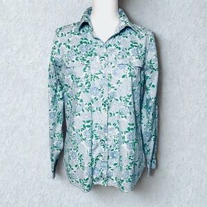 L.L. Bean Blue and Green Floral Long Sleeve Button Down Shirt Women Medium